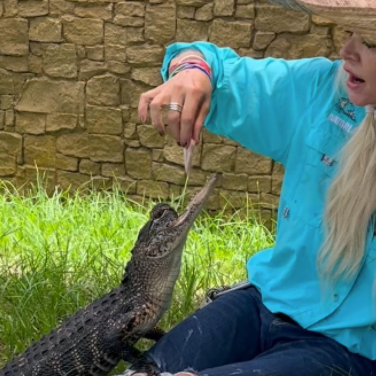 woman feeding aligator