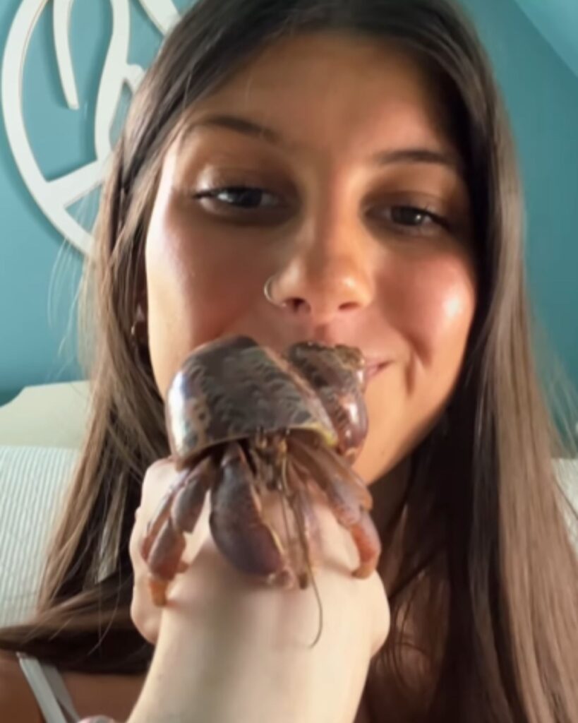 a girl takes a picture with a hermit crab