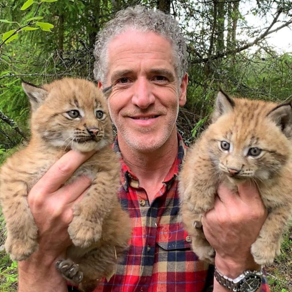 a man holds two lynx cats in his hands