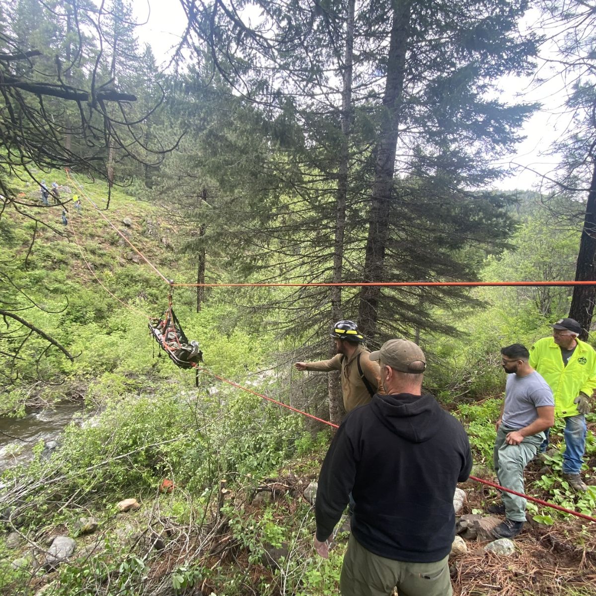 rescuers helping a man in the wood