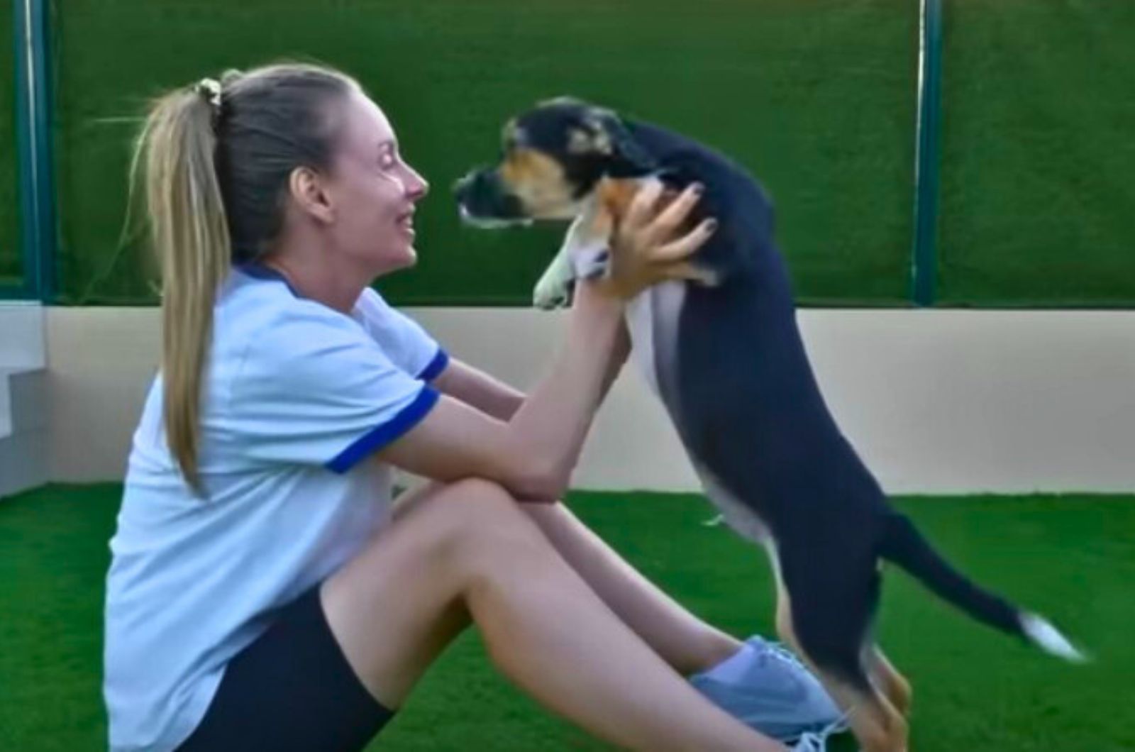 young woman playing with dog