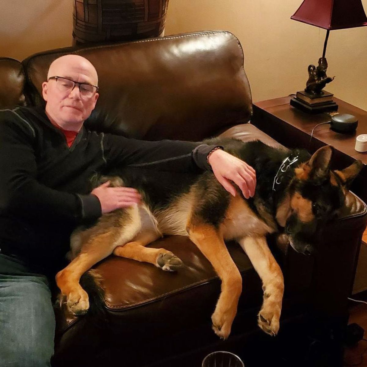 bald man and dog