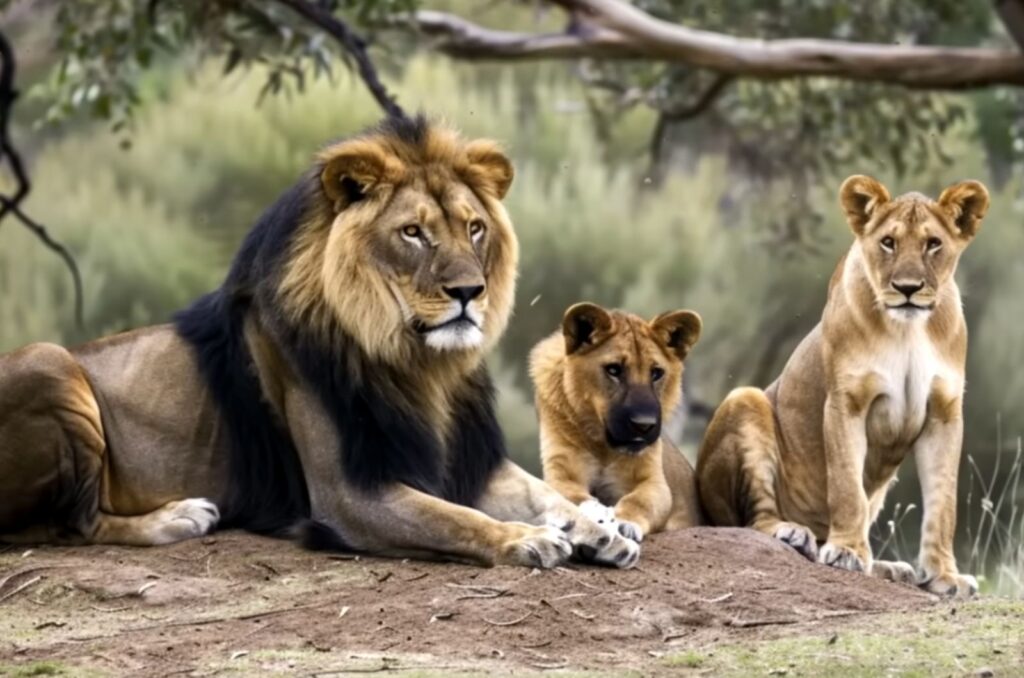 lion lioness and dog sitting