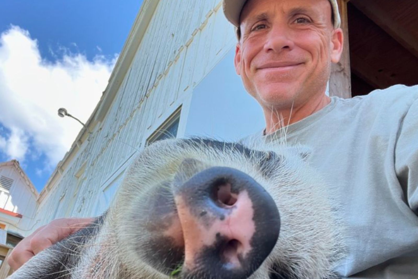 man and a piglet