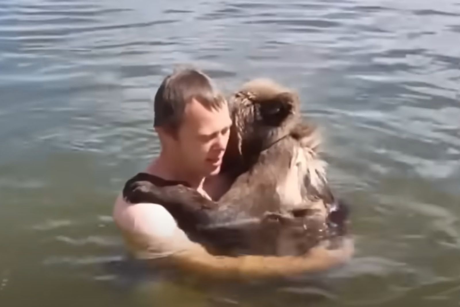 man and bear cub