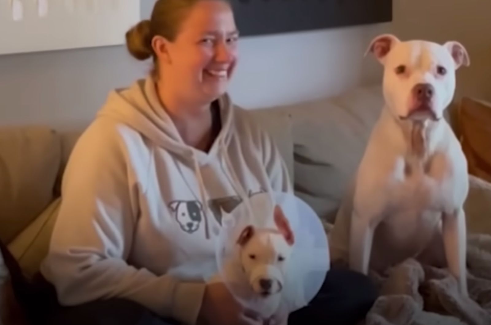 woman and dog sitting on couch