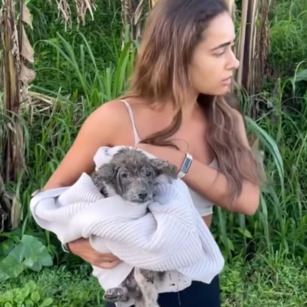 woman helping a puppy