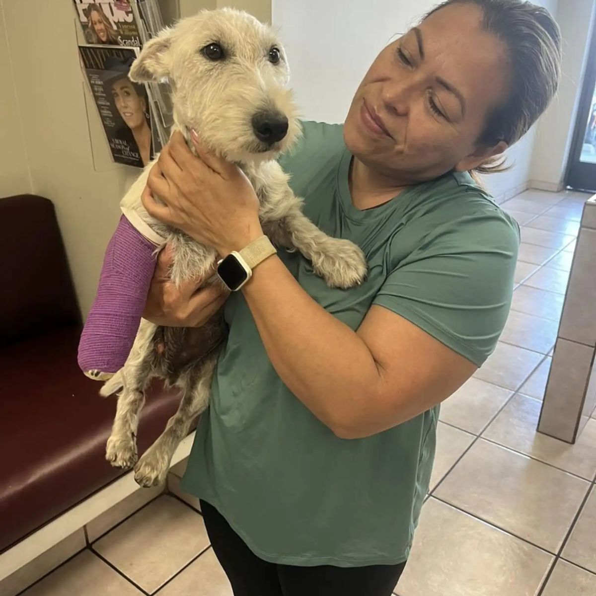 woman holding a dog