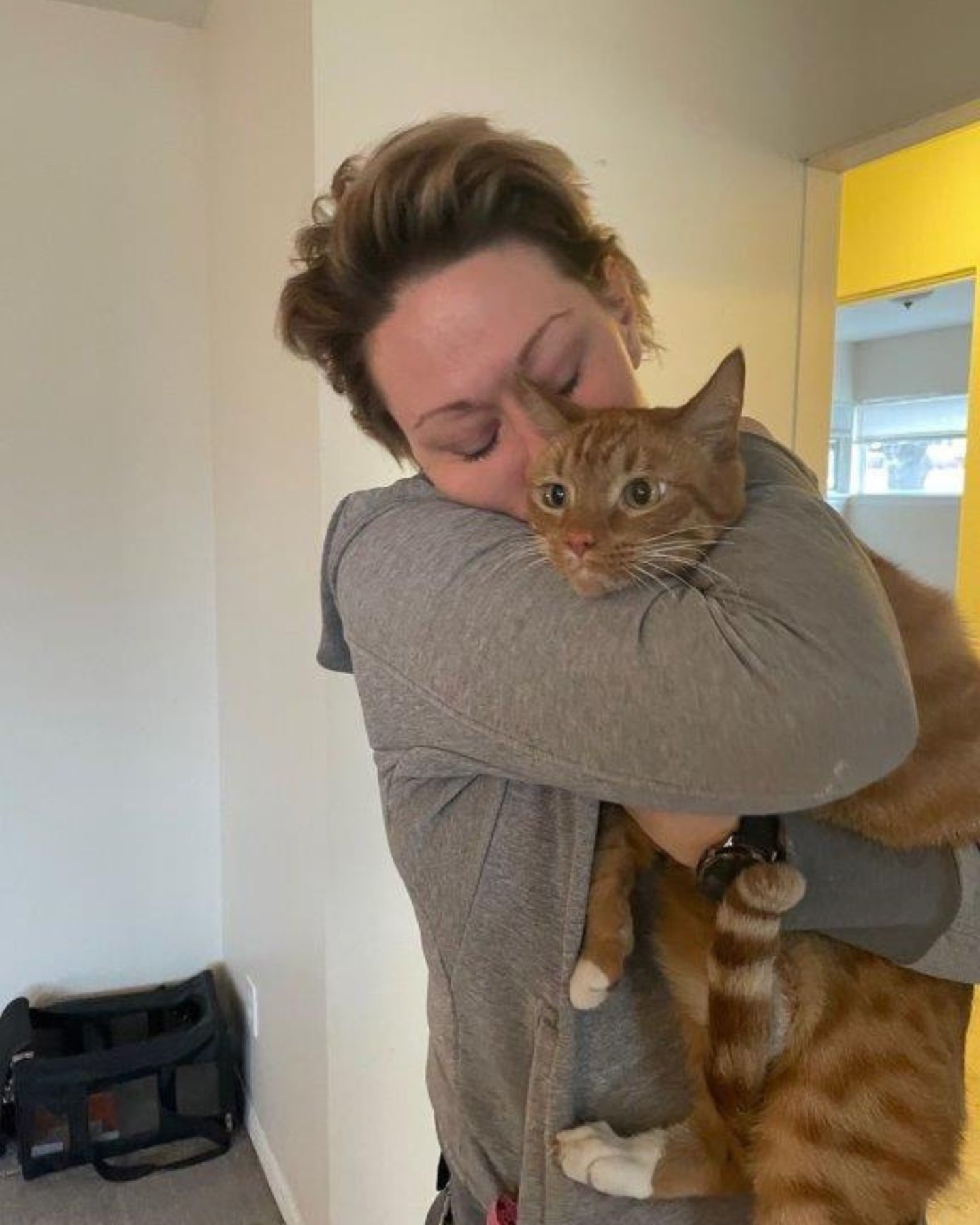 woman kissing cat in hands