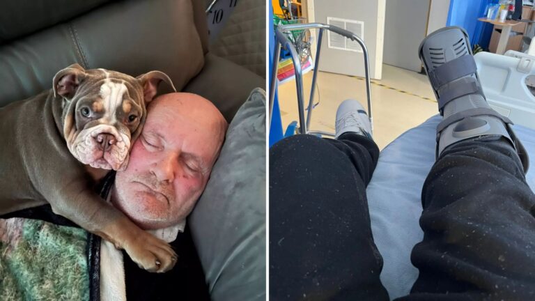 bulldog with owner lying