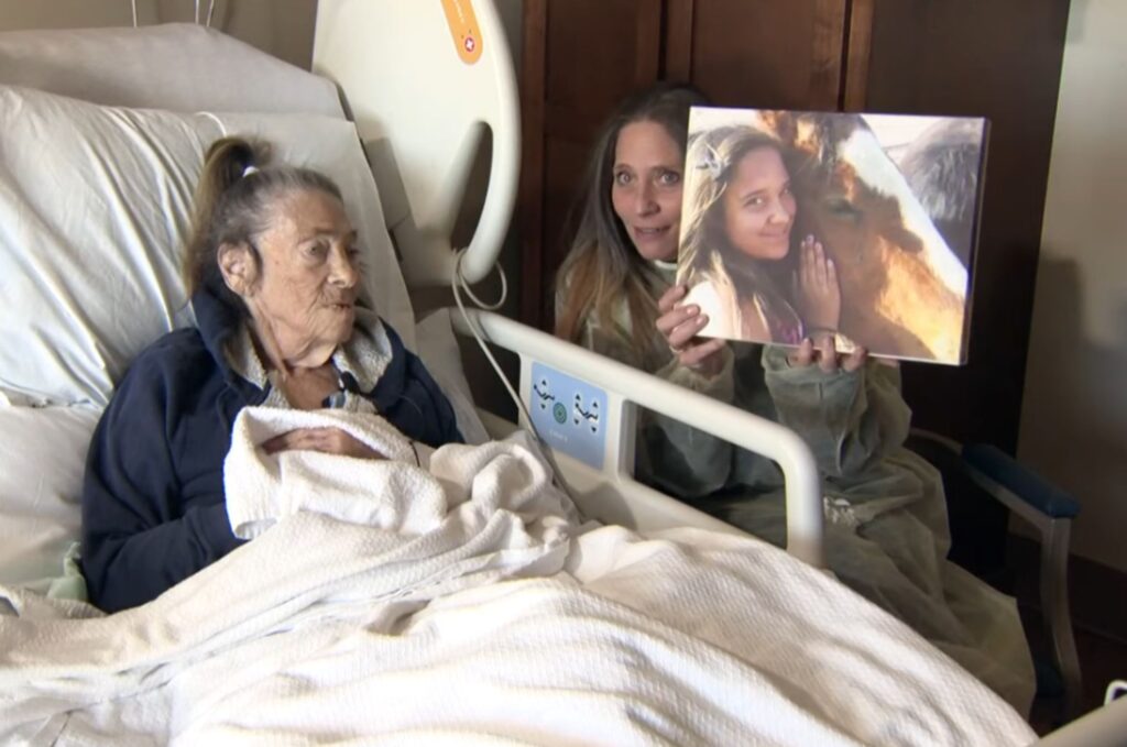 grandmother surprised with a picture of a horse in the hospital