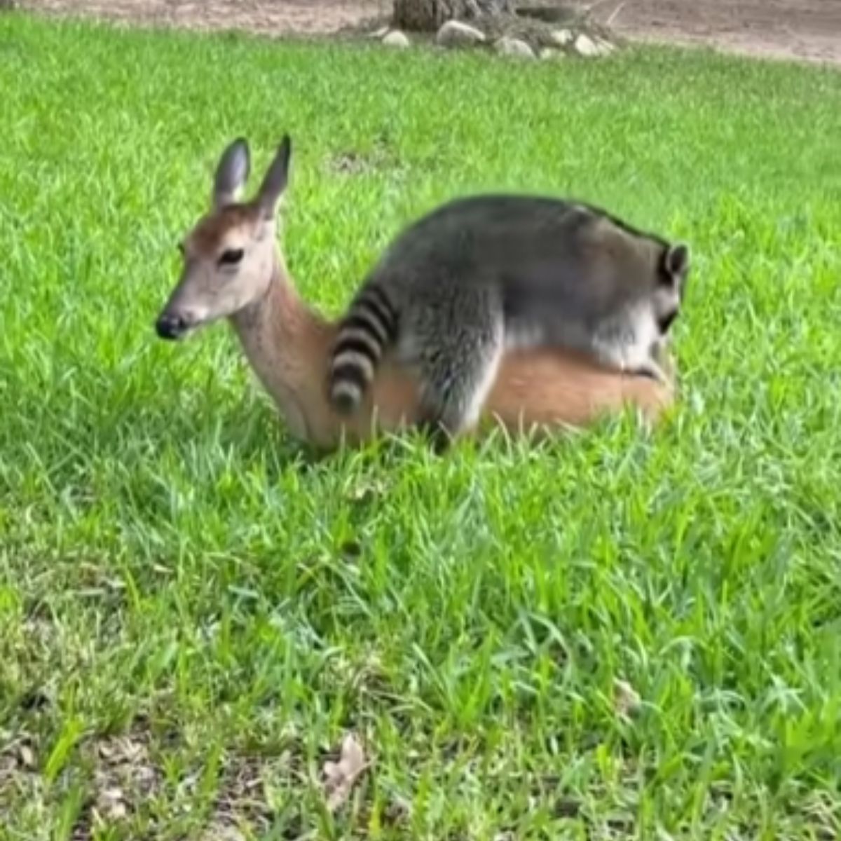 raccoon climbs deers back