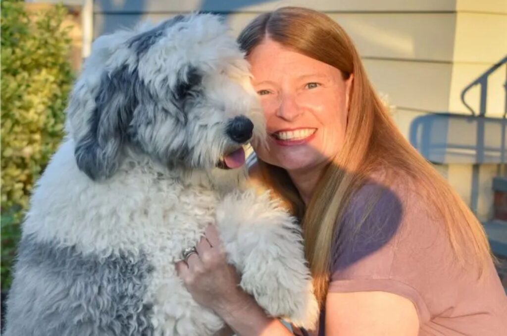 smiling girl with Micro Sheepadoodle