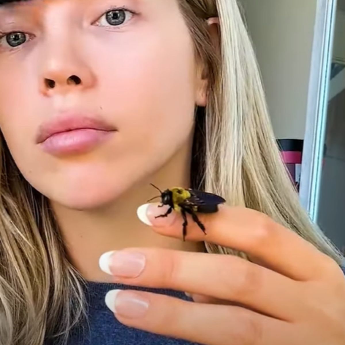 woman carrying bee on finger