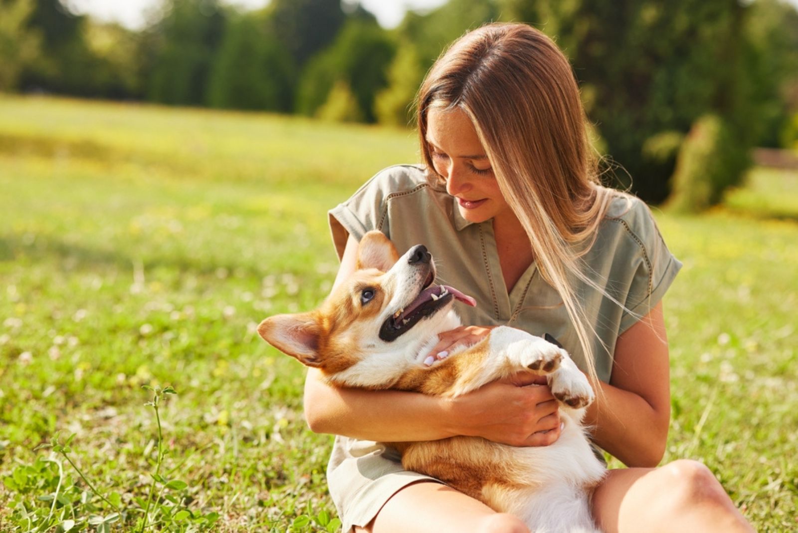 dog lying in womans hug on the grass