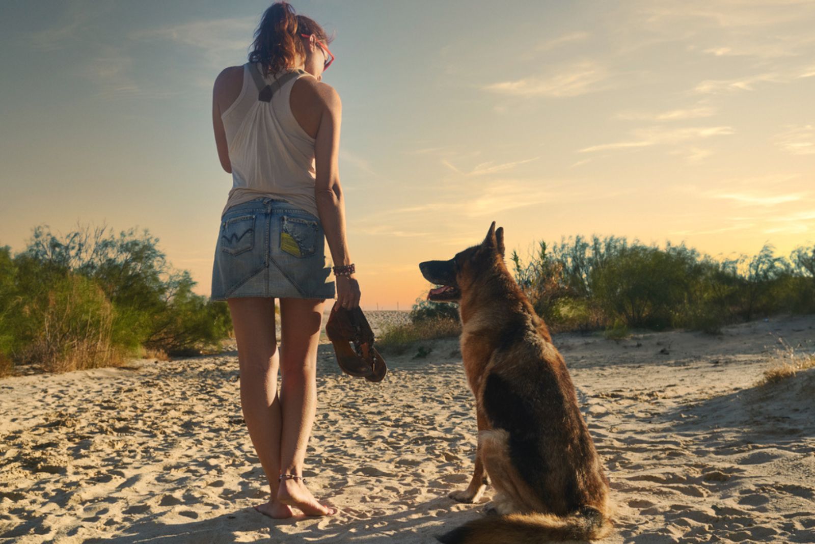 german shepherd follows woman on the beach