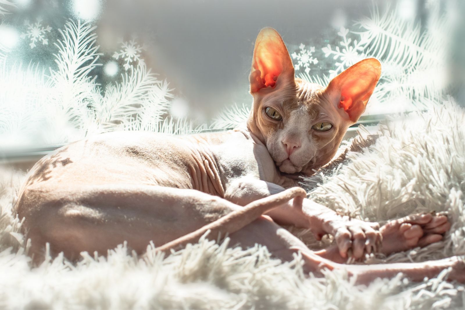 hairless cat on bed