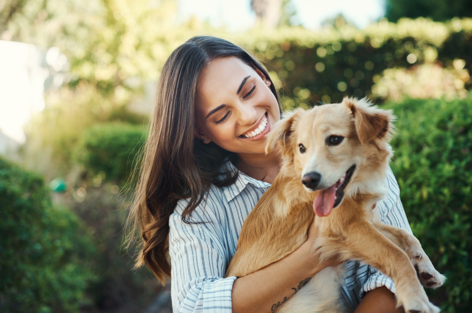 happy woman holding a dog