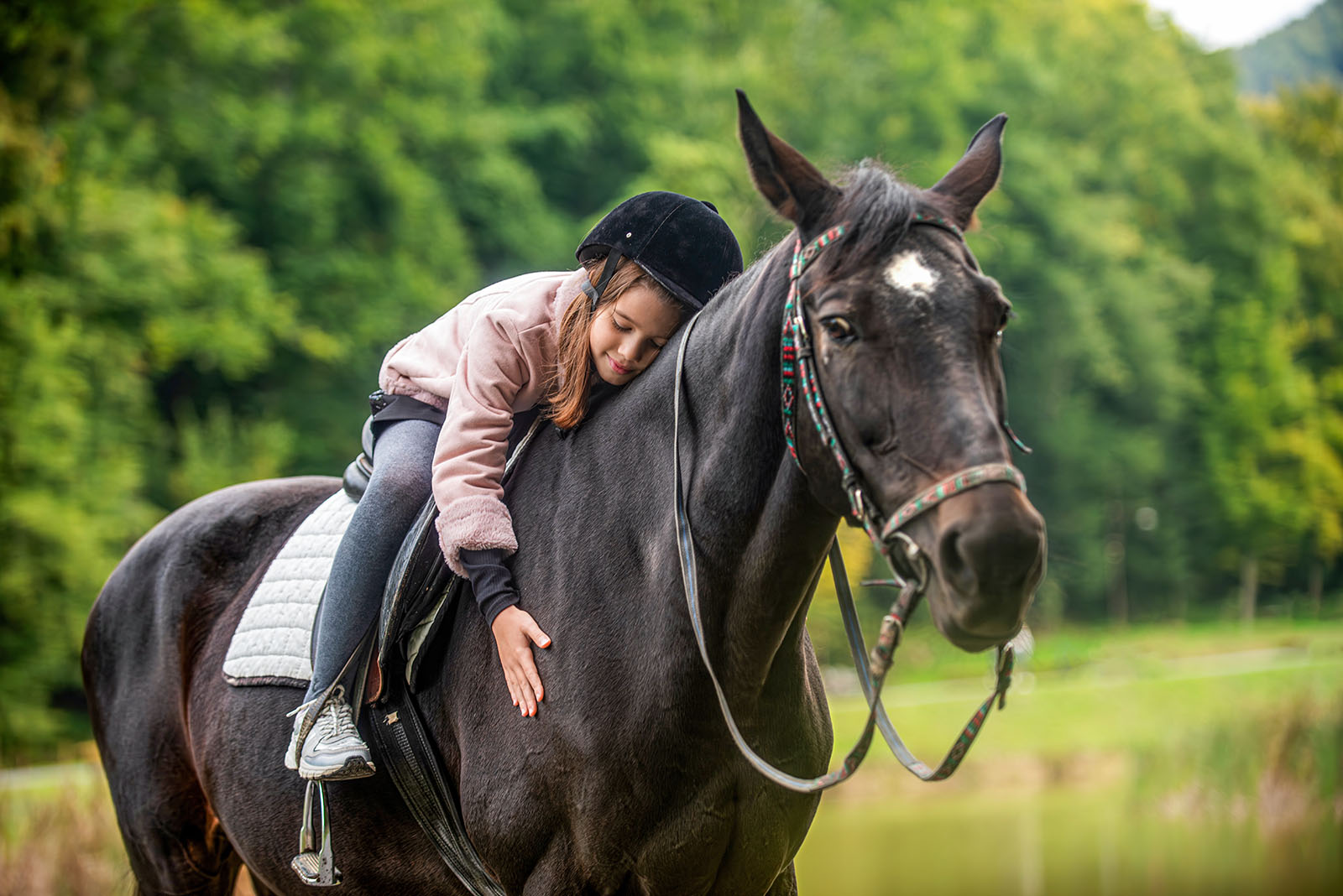 little girl hugging horse