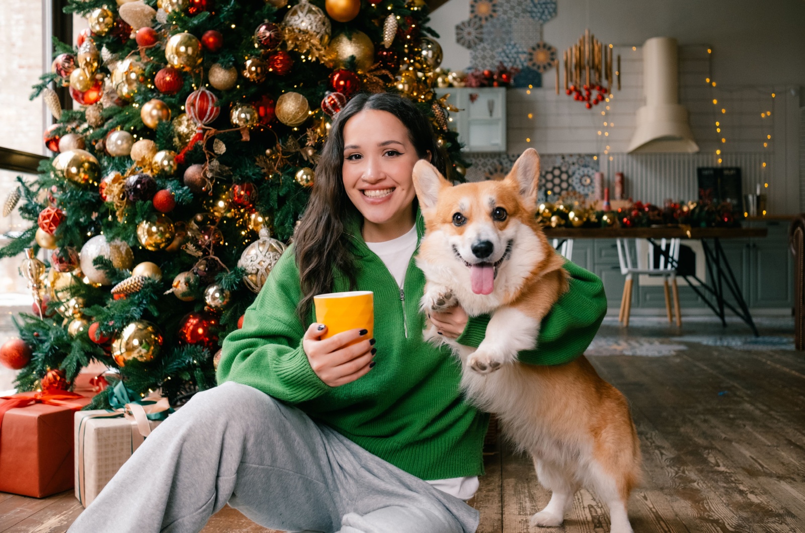 Woman and dog on Xmas