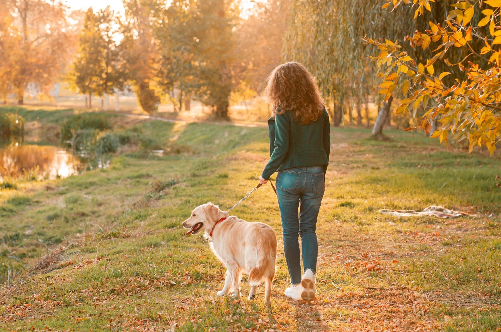 woman and dog walking