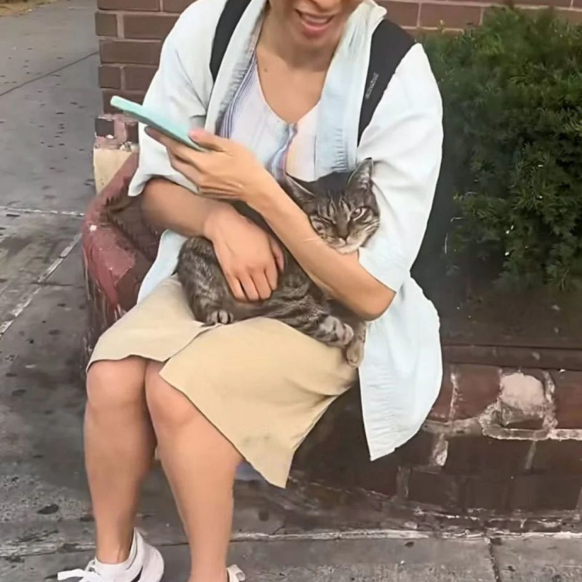 woman outdooe with cat in lap