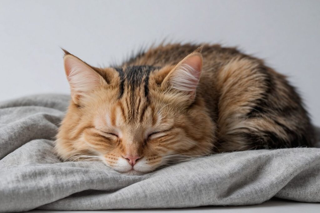 The cat is sleeping on a gray rug