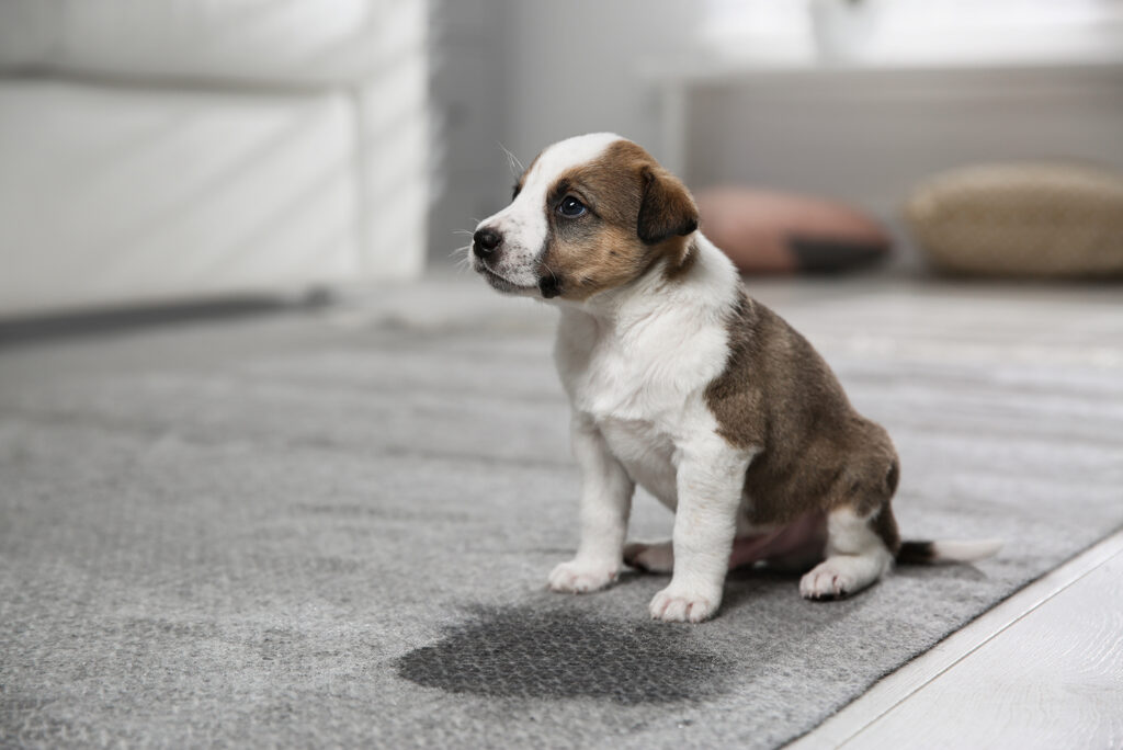 cute puppy sitting on the carpet