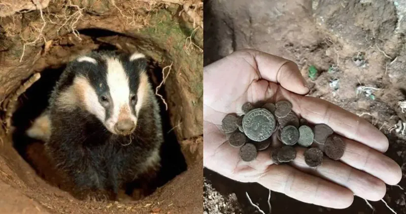 Badger digs up a silver coin in 2021, Spain